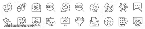 Marketing, advertising and promotional campaigns thin line icon set. Symbol collection in transparent background. Editable vector stroke. 512x512 Pixel Perfect.