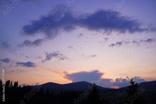 Beautiful mountains landscape with sunset sky. Carpathians, Ukraine.