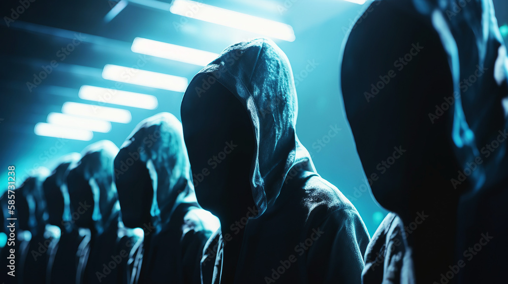Generative AI illustration of a group of anonymous hackers or stalkers wearing a black hood and clothes on a dark background. Generative AI illustration of a group of anonymous hackers or stalkers wearing a black hood and clothes on a dark background.