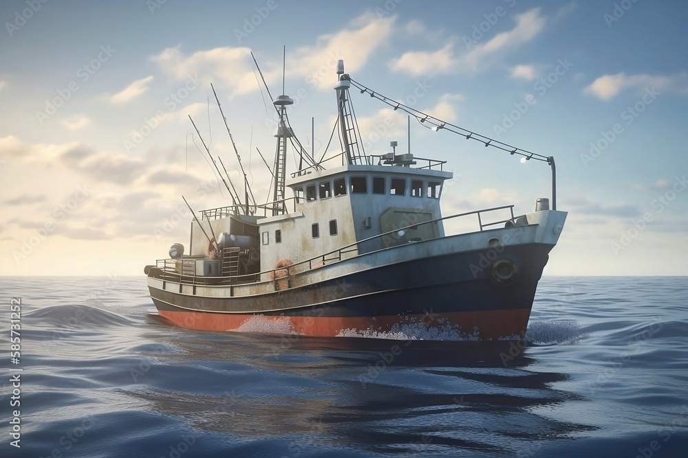 Large Fishing Trawler in the Ocean with Seafood Catch - Background Boat Image