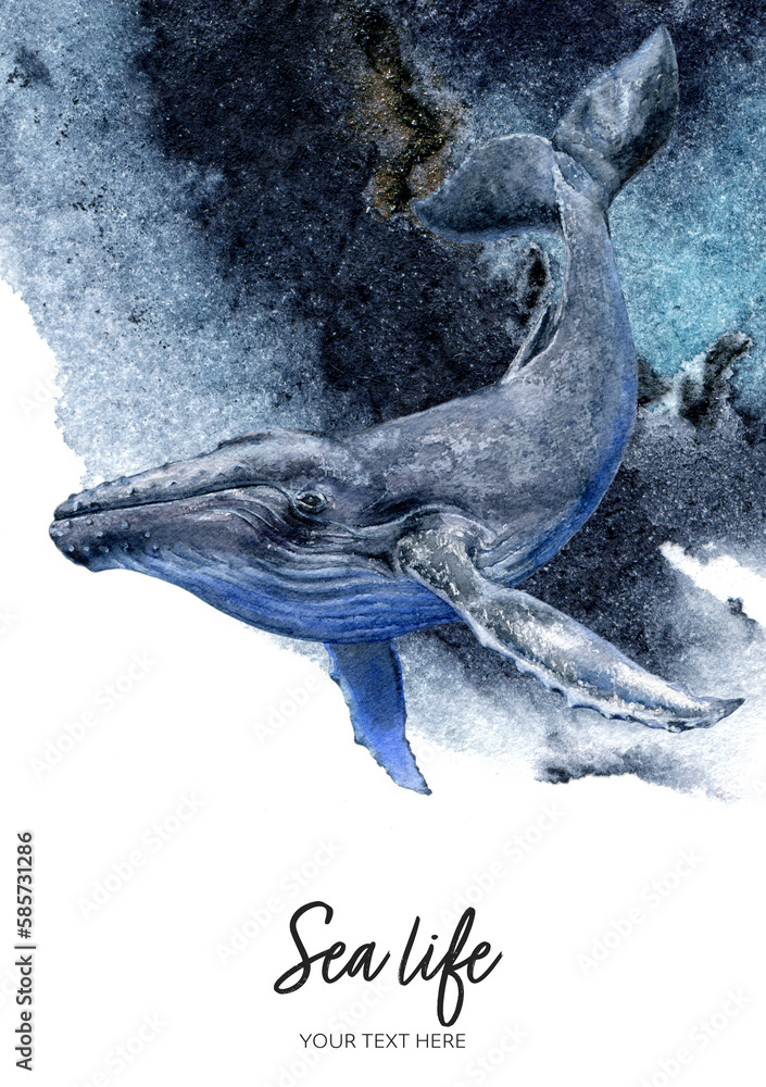 Obraz premium Blue whale watercolor hand drawn illustration on splash background.