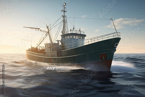 Large Fishing Trawler in the Ocean with Seafood Catch - Background Boat Image © Thares2020