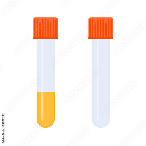 Urine sample in test tube showing dehydration level. Yellow specimen liquid and empty container. Laboratory equipment. Medical concept. Vector illustration.