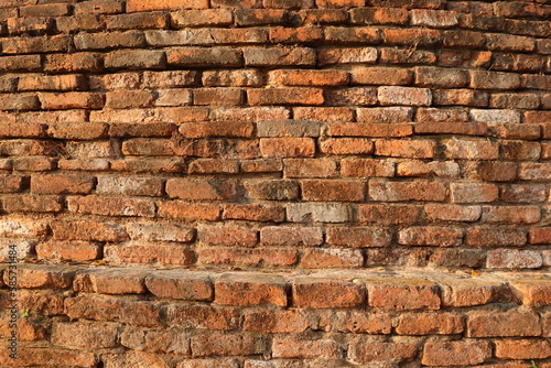 Old brick wall texture background with green leaves