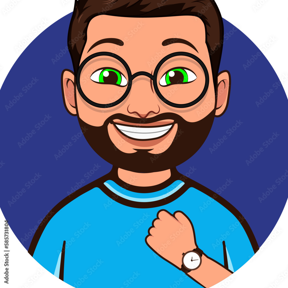illustration of a Beard man with eyeglasses and a smile, wearing a wrist watch cartoon, bighead, head to shoulder portrait