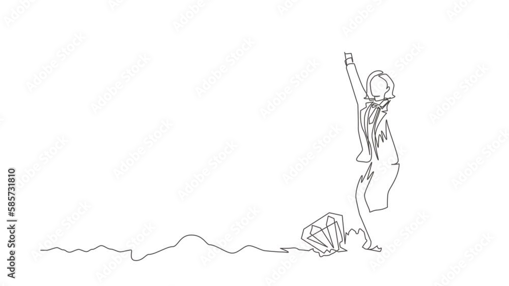 Self drawing animation of single line draw businesswoman in hole prancing happily while lifting pickaxe with both hands, finding diamond or precious stone. Continuous line draw. Full length animated Self drawing animation of single line draw businesswoman in hole prancing happily while lifting pickaxe with both hands, finding diamond or precious stone. Continuous line draw. Full length animated