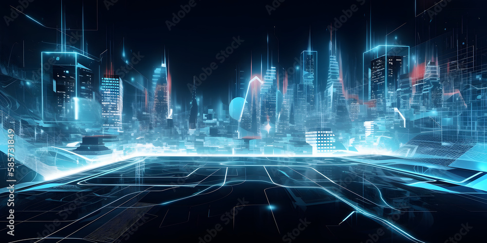 custom made wallpaper toronto digitalAbstract stylisch blue-red background image of a futuristic smart city, Generative AI