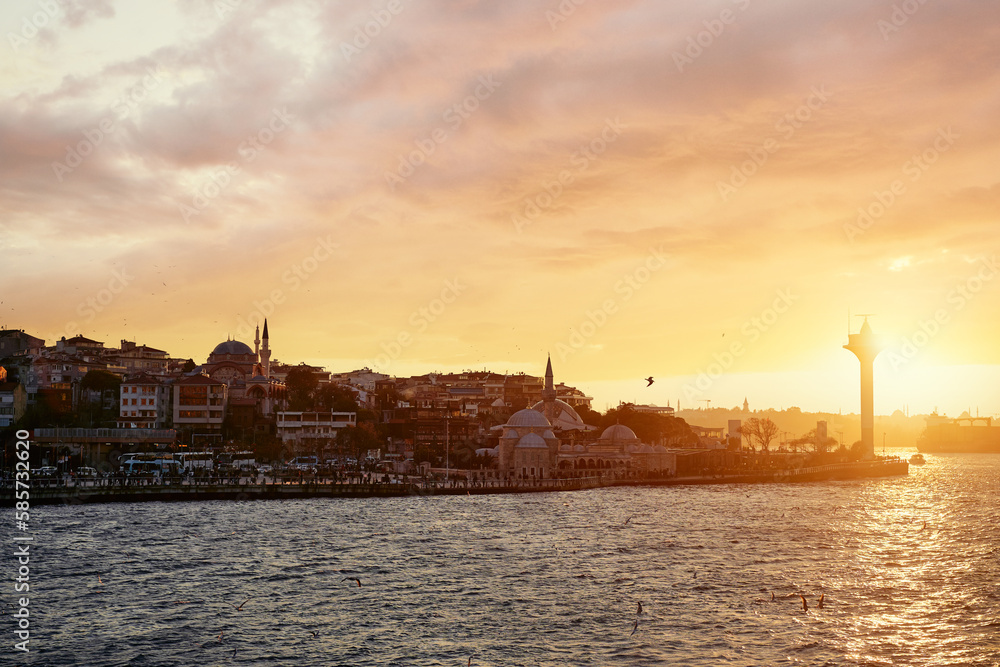 Beautiful sunset in Istanbul. Landscape  Mosque, Bosphorus Turkey
