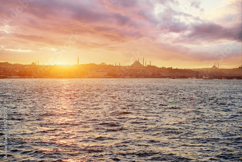 Beautiful sunset in Istanbul. Landscape  Mosque  Bosphorus Turkey