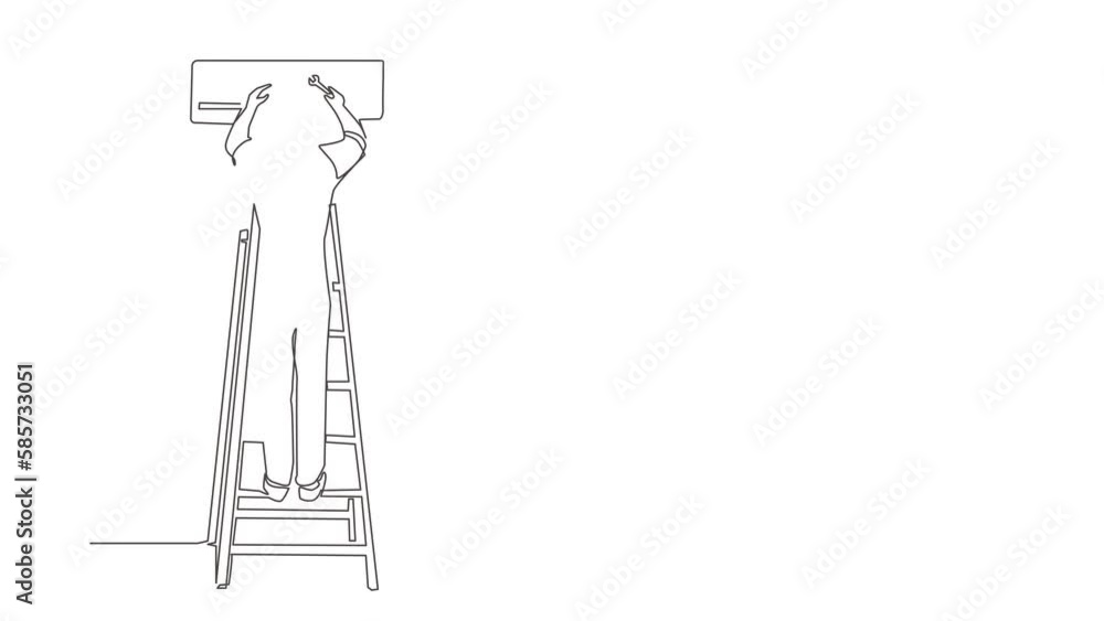 Self drawing animation of single line draw air conditioning repair. Technician woman repairing air conditioner. Unit repair, maintenance professional service. Continuous line. Full length animated Self drawing animation of single line draw air conditioning repair. Technician woman repairing air conditioner. Unit repair, maintenance professional service. Continuous line. Full length animated