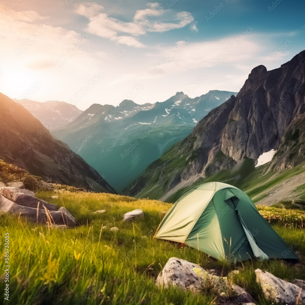 A hikers tent on a green field overlooking beautiful mountain landscape. Concept of hiking and camping in nature. Illustrative Generative Ai.