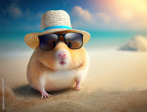 A hamster wearing a hat and sunglasses sits on a beach summer vibes background. Generative AI