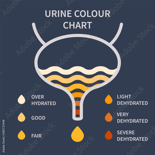 Urine color chart diagram. Bladder with urine drops showing different hydration level. Straw yellow to brown pee specimen. Medical concept. Vector illustration.