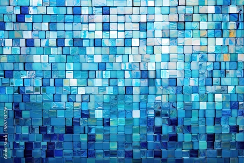 blue tiled wall with a mosaic pattern made up of small squares. Generative AI