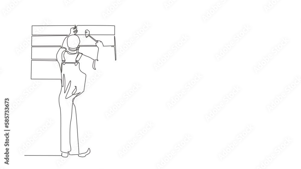 Animated self drawing of continuous line draw professional worker in uniform hammering. Nail in wood. Construction work. Building, construction and repair work services. Full length one line animation Animated self drawing of continuous line draw professional worker in uniform hammering. Nail in wood. Construction work. Building, construction and repair work services. Full length one line animation