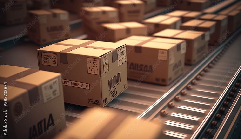 Cardboard Boxes on The Conveyor Belt, Generative AI Cardboard Boxes on The Conveyor Belt, Generative AI