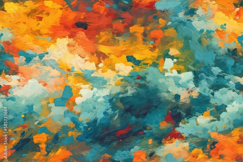 an abstract painting using orange  blue  and yellow colors. Generative AI