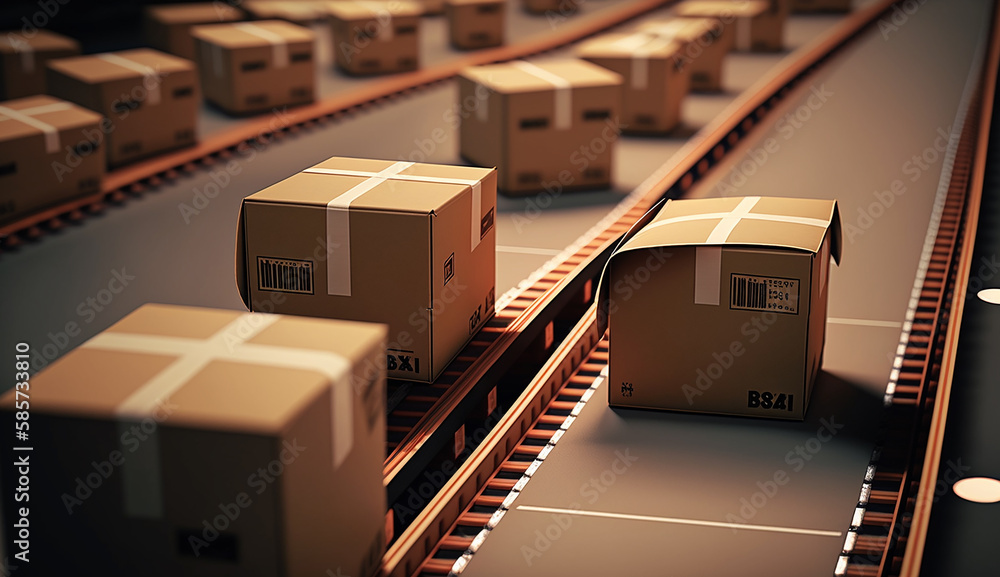 Cardboard Boxes on The Conveyor Belt, Generative AI Cardboard Boxes on The Conveyor Belt, Generative AI