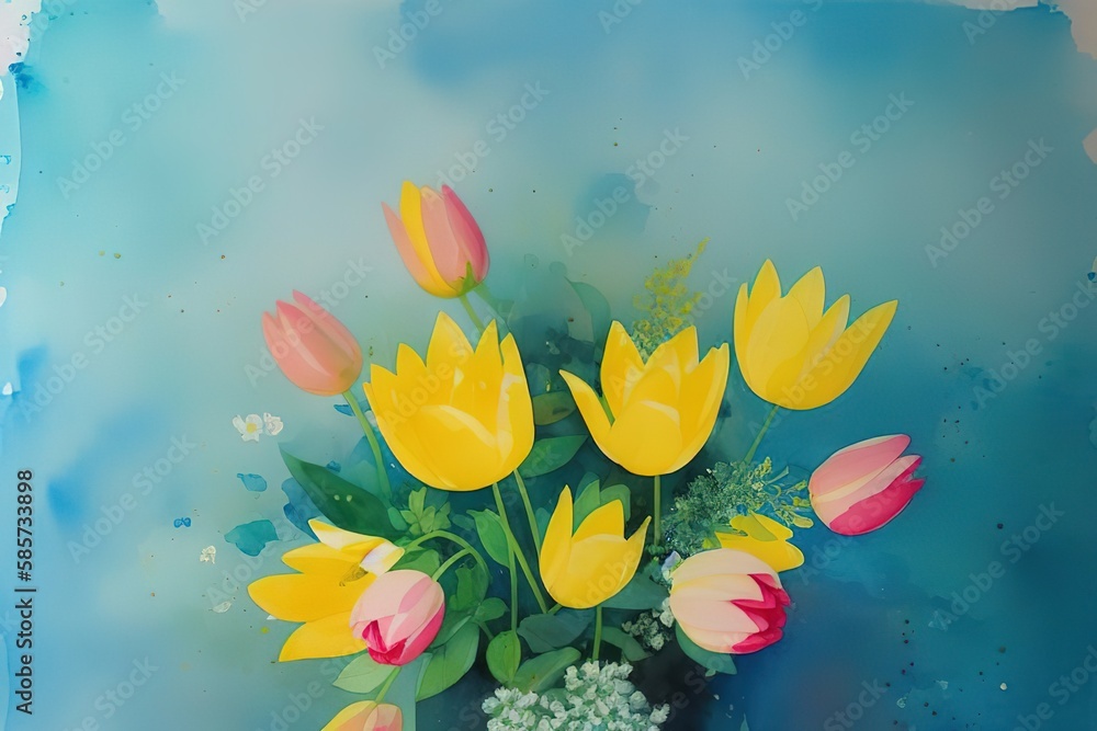 Watercolor postcard from a delicate bouquet of tulips, Generative AI.