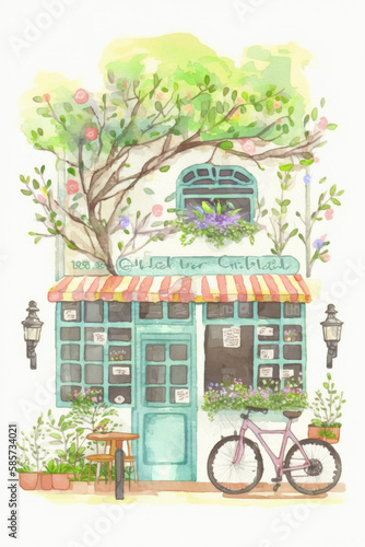 Watercolor retro style cafe storefront, Generative AI