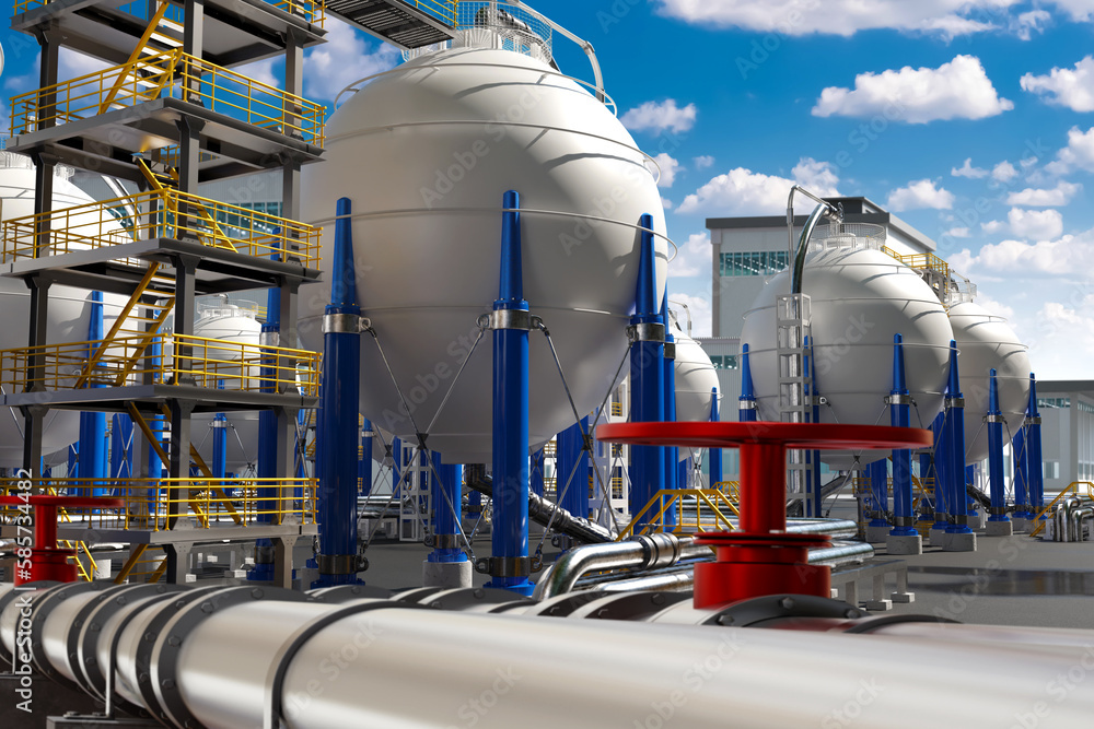 Oil refinery plant. Fuel factory exterior. High pressure tanks. Modern oil refinery industry. Pipes near fuel factory. Oil refining technologies. Industrial landscape. ASME, BPVC. 3d image