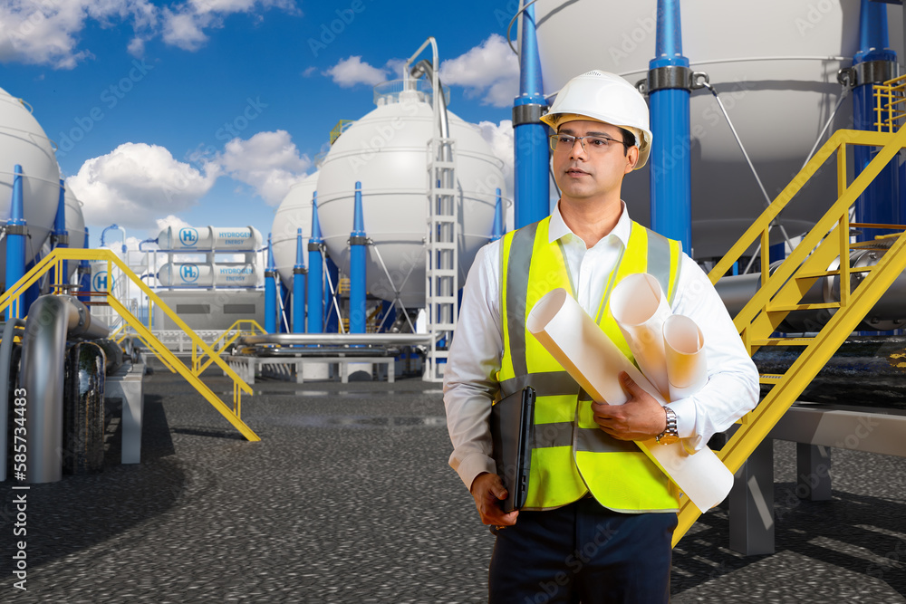 Man in industrial area. Engineer with blueprints. Guy in hydrogen