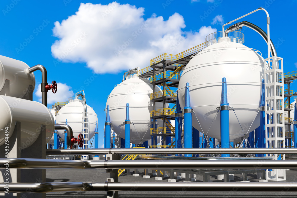 Liquefied gas storage. Oil refineries. Spherical gas tanks under blue