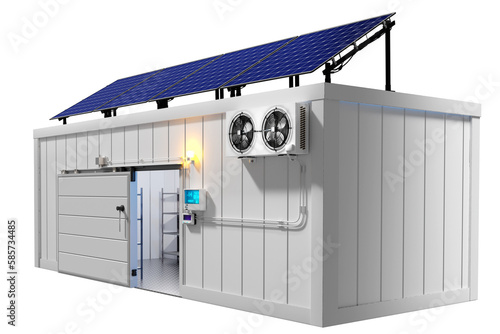 Industrial refrigerated container. Freezer with solar panels. Refrigeration container isolated on white. Warehouse refrigerator. Container storing chilled products. Refrigeration equipment. 3d image