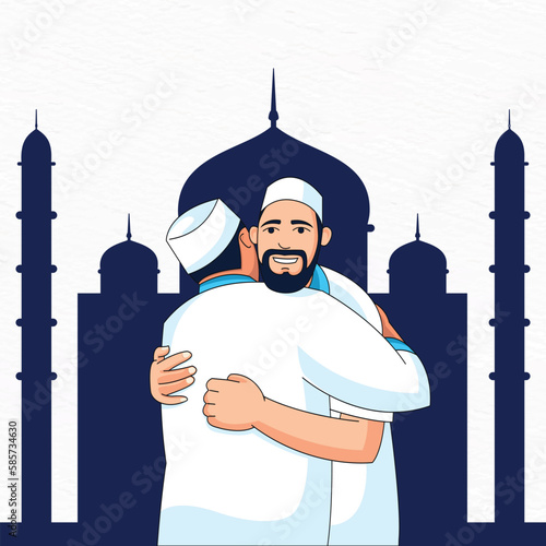 Muslim men hugging after Eid prayer in front of a mosque