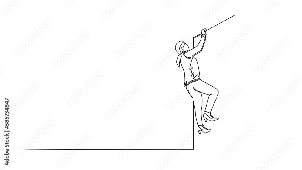 Animated self drawing of continuous line draw businesswoman climb obstacle wall, solve the problem. Business concept, team metaphor. Successful leader businesswoman. Full length single line animation Animated self drawing of continuous line draw businesswoman climb obstacle wall, solve the problem. Business concept, team metaphor. Successful leader businesswoman. Full length single line animation