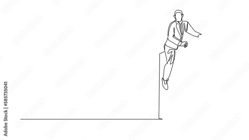 Self drawing animation of single line draw businessman overcame wall obstacles blocked him, conquered adversity. Overcome difficulties to achieve victory. Continuous line draw. Full length animated Self drawing animation of single line draw businessman overcame wall obstacles blocked him, conquered adversity. Overcome difficulties to achieve victory. Continuous line draw. Full length animated