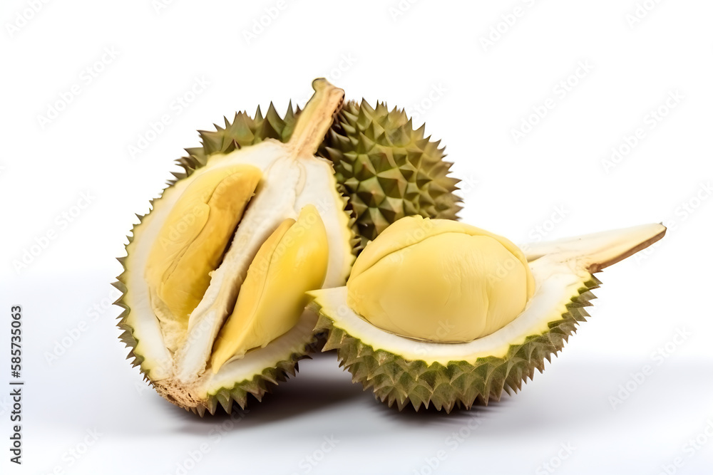 Obraz premium Ripe Durian Fruit Isolated on White Background: AI Generated Image