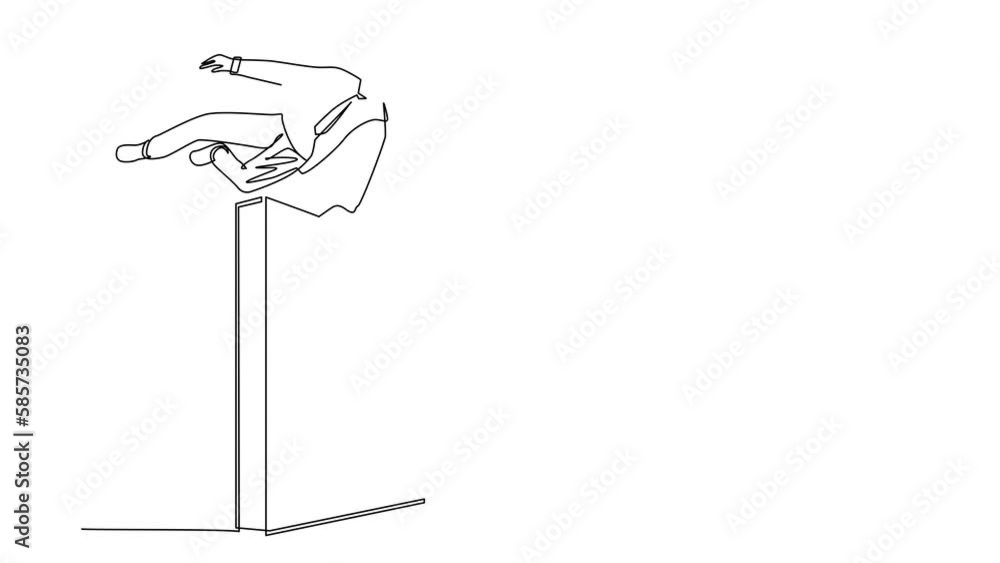 Self drawing animation of single line draw businessman jumps over wall, outside comfort zone to get new experience. Life begins when trying different things. Continuous line draw. Full length animated Self drawing animation of single line draw businessman jumps over wall, outside comfort zone to get new experience. Life begins when trying different things. Continuous line draw. Full length animated