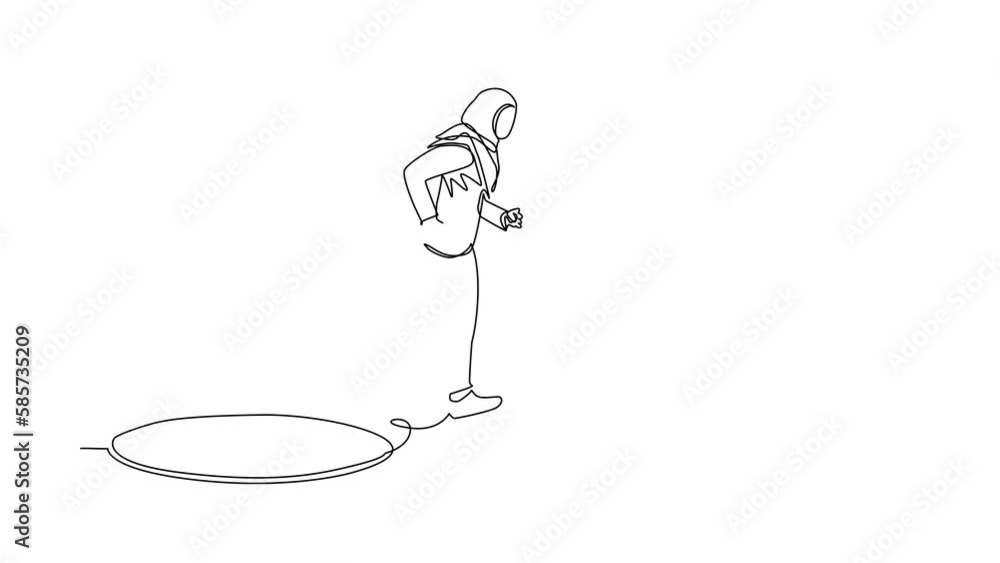 Animated self drawing of continuous line draw Arabic businesswoman jumping through the hole, metaphor to facing big problem. Business struggles. Strength for success. Full length one line animation Animated self drawing of continuous line draw Arabic businesswoman jumping through the hole, metaphor to facing big problem. Business struggles. Strength for success. Full length one line animation