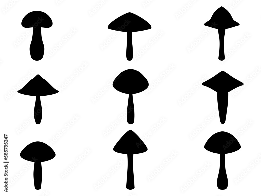 Black mushrooms set isolated on white background. Mushroom silhouettes. Design of mushroom for posters, banners and promotional items. Vector illustration Black mushrooms set isolated on white background. Mushroom silhouettes. Design of mushroom for posters, banners and promotional items. Vector illustration