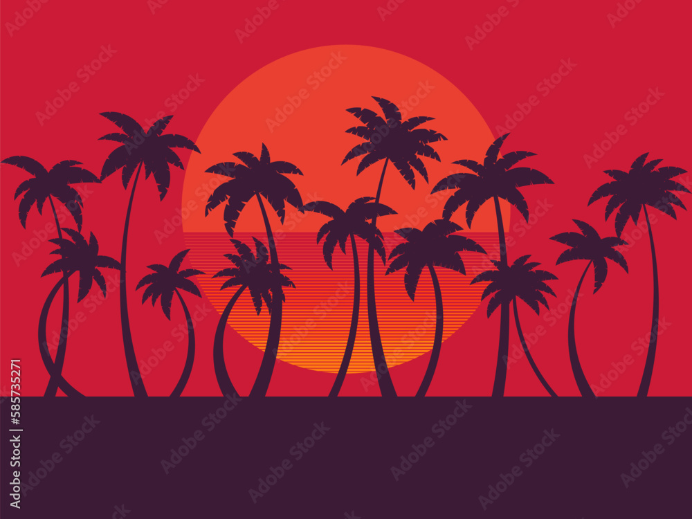 Black silhouettes of palm trees at sunset. Tropical landscape with palm trees and retro sun in 80s style. Design for posters, banners and printing of promotional products. Vector illustration