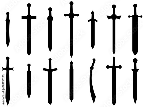 Black swords set isolated on white background. Swords silhouettes. Weapons of the Roman Empire, gladius. Design of swords for posters, banners and promotional items. Vector illustration