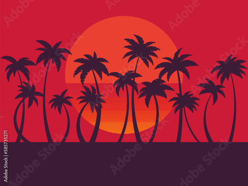 Black silhouettes of palm trees at sunset. Tropical landscape with palm trees and retro sun in 80s style. Design for posters  banners and printing of promotional products. Vector illustration