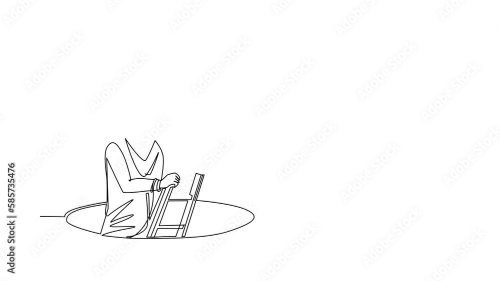 Animated self drawing of continuous line draw Arab businesswoman climbs out of hole by ladder, using binocular. Business vision solution concept. Symbol of challenge. Full length single line animation Animated self drawing of continuous line draw Arab businesswoman climbs out of hole by ladder, using binocular. Business vision solution concept. Symbol of challenge. Full length single line animation