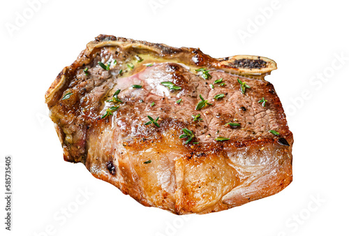 Grilled striploin steak on the bone or new york steak.  Isolated, transparent background.