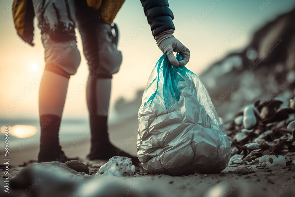 a person with gloves and a bag picking plastic from a beach , pollution concept, environmental concept, generative ai a person with gloves and a bag picking plastic from a beach , pollution concept, environmental concept, generative ai