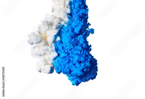 Splash of blue and white paint pigment abstract background isolated on white