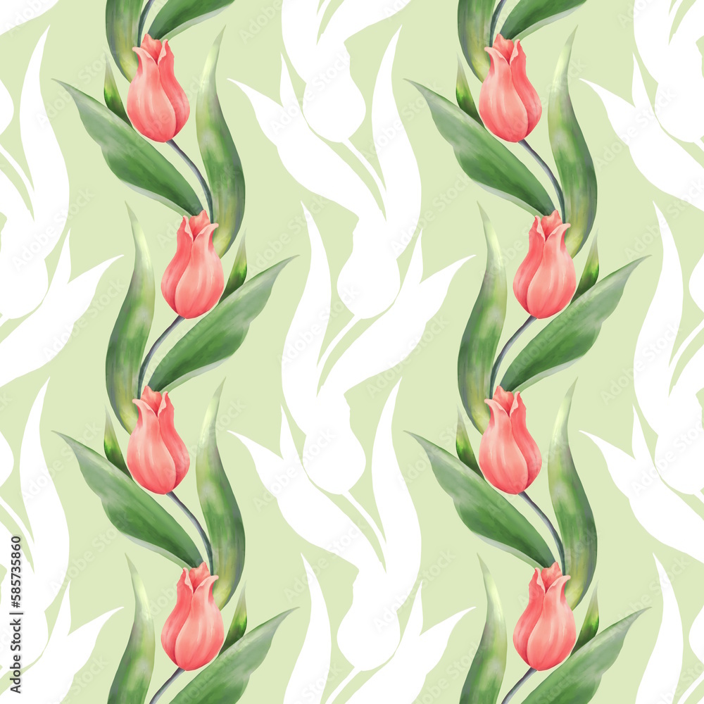 Obraz premium Seamless pattern with red flowers and leaves. Spring tulip flowers. Summer or Spring background.