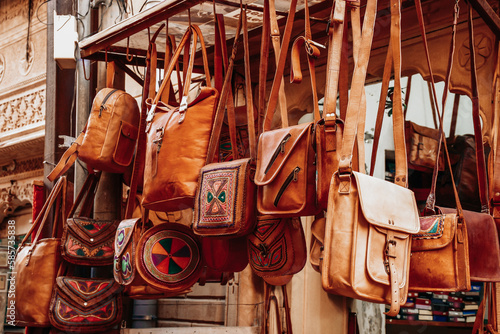 Photography India Rajasthan. Selling leather bags in Jaisalmer Stock Photo