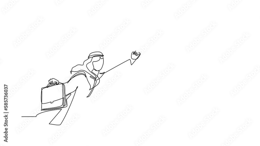 Animated self drawing of continuous line draw flying Arab with wing and briefcase coming out of holes. Man leading financial rising from hole. Business growth concept. Full length one line animation Animated self drawing of continuous line draw flying Arab with wing and briefcase coming out of holes. Man leading financial rising from hole. Business growth concept. Full length one line animation
