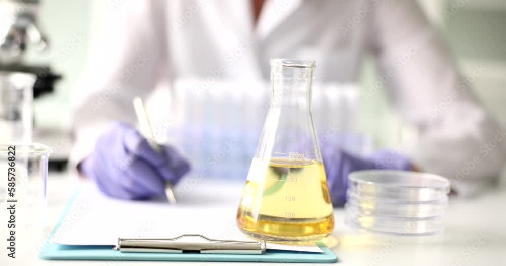 Woman writes down result of sunflower oil sample examination Woman writes down result of sunflower oil sample examination