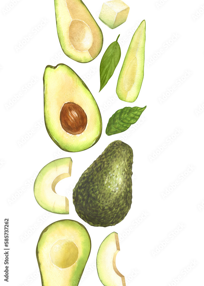Watercolor frame, ripe avocado and halves avocado. Hand-drawn illustration isolated on white background. Perfect concept food menu, food drawing, design packing, healthy eating Watercolor frame, ripe avocado and halves avocado. Hand-drawn illustration isolated on white background. Perfect concept food menu, food drawing, design packing, healthy eating