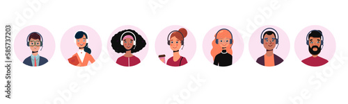 Call center agents avatars collection set. Call center, customer support, telemarketing agents. color palette 2023 cartoon Vector portraits set.
