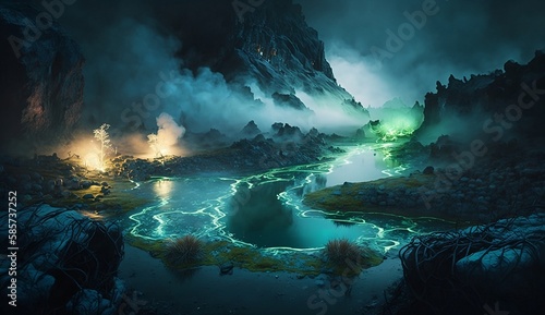 Geothermal world, bubbling hot springs, towering geysers, and a fiery landscape. Raw beauty and dynamic energy collide in this surreal environment. Created using generative AI