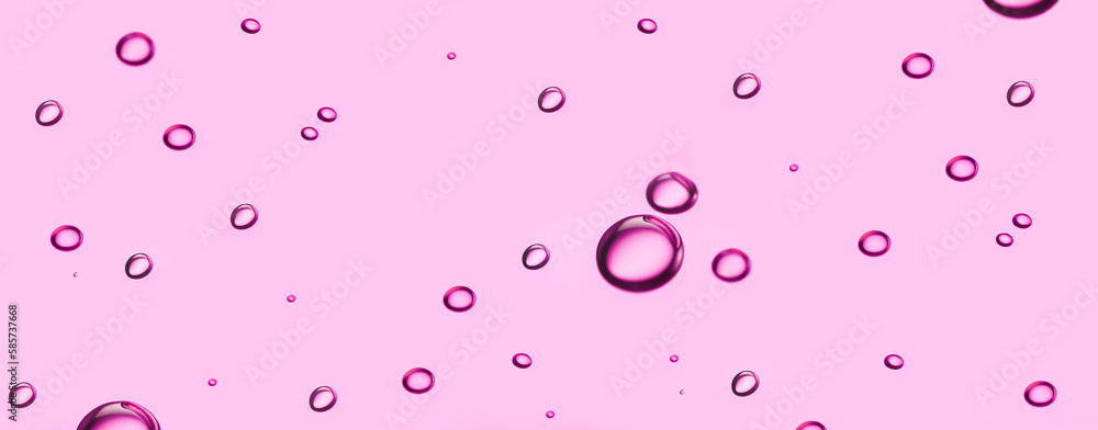 Web banner of texture of transparent antiseptic gel with air bubbles on purple background. Summer freshness, skin moisturizing, prevention of virus. Liquid beauty product closeup. Backdrop, flatlay